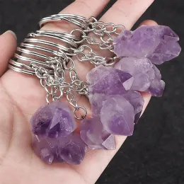 Rå natursten Amethyst Keychain Rough Mineral Prov Single Crystal Oregelbunden nyckel Ringväska hängande smycken hänge