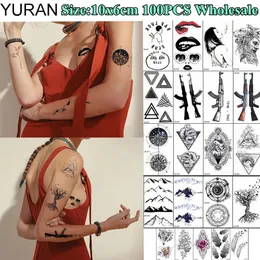 Temporary Tattoos YURAN 100 Pieces Wholesale 10x6CM Fake Tattoo Temporary Triangle Flower Body Art Tatoos For Men Women Henna Gun Tattoo Stickers 230701