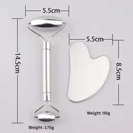 Face Care Devices Stainless Steel Roller Gua Sha Tool Set Face Care Massage Crystal Jade Rose Quartz Health Anti Wrinkle Cellulite Massager 230701