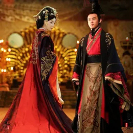 Asian Emperor Queen Royal Palace Wedding Gown Robe Dress Kinesisk gammal bröllop Hanfu Lång kostym Black Red Brud Groom Outfit273R