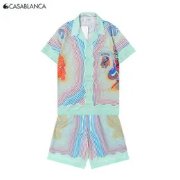 Casa Designer Fashion Giyim Gömlekleri Trailtsits 2023 Yeni Kazablanka Özet Şerit Baş Baskı Erkek Kadınlar İçin Kısa Kollu Gömlek Set