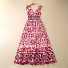 2023 Sommerkleid aus Chiffon mit rotem Paisley-Print, kurzärmelig, Peter-Pan-Ausschnitt, bodenlang, Freizeitkleider S3Q020628, Übergröße XXL