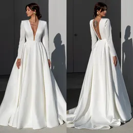 Abiti di moda a una linea per la sposa immergere a v maniche abiti da sposa maniche lunghe abiti da sposa