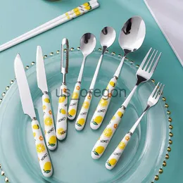 Geschirr-Sets, kreatives Obstmuster, Messer, Gabel, Löffel mit Keramikgriff, Geschirr, niedliches Steakmesser, Gabel, Kaffeelöffel, Besteck-Set x0703