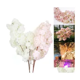Fiori decorativi ghirlande di seta artificiale Sakura Pink Cherry Blossom Plastic Branch for Wedding Home Store Decorazione Bianco Fallo Otdxj