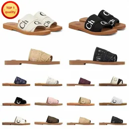 sandals designer Woody womens Mules flat slides Light tan beige white black pink lace Lettering Fabric canvas slippers for women summermYcs#