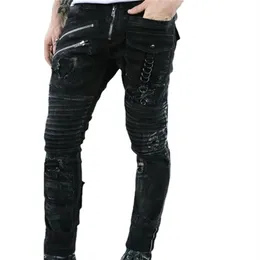 Jeans för män låg stigning rippade flera dragkedjor avslappnad tät svart blyerts denim byxor vintage gotiska punkstilbyxor 211110266g