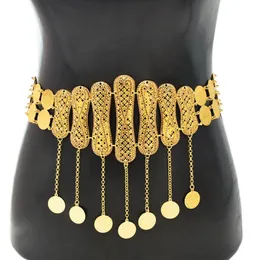 Navel Bell Button Rings Rhinestones Women Body Chains Bohemian Ethnic Gypsy Coins Tassels Waist Chains Glossy Metal Bilayer Carved Belly Dance Chains 230703