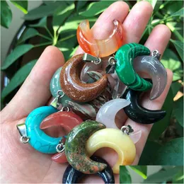 Charms 30Mm Natural Stone Crystal Pendants Ox Horn Crescent Shape Copper Edging For Necklace Jewelry Making Diy Gift Women Drop Deli Dhc0G