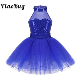 Scene Wear Tiaobug Kids Sleeveless paljett Mesh Splice Ballet Tutu Dance Leotard Dress Girls Gymnastics Ballerina Party305f