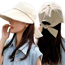 Sunscreen Bowknot Wide Eave Sunshade Duck Tongue Hat Korean Summer Ponytail Visor Cap Woman Adjustable Cover Face Bucket Hats