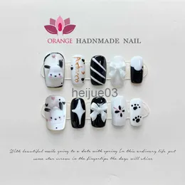 Sztuczne paznokcie ręcznie robione krótkie koreańskie prasa na paznokciach pełna okładka okrągła głowa niebieski Manicure z dekoracją Kawaii Nail Art nadające się do noszenia japońskie paznokcie x0703