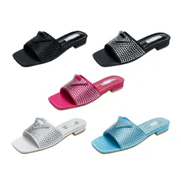 Fashion Shiny Crystal decorative slipper sandals bling rhinestone drill women girls slipper Triangle P logo flat mules beach outdoor men flip flops slides sliders