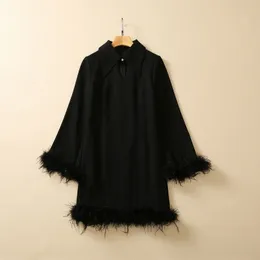 2023 Autumn Black Solid Color Panelled Feather Dress Green Long Sleeve Lapel Neck Short Casual Dresses S3Q020628