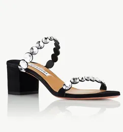 여름 럭셔리 Aquazzuras Women Maxi-Tequila Sandals Shoes Crystal Studs Stiletto Heels 부유물 펌프 드레스 파티 신부 Lady Sandalias EU35-43, 상자와 함께