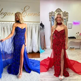 Strapless Fully Beaded Pageant Gown 2024 with Beaded Choker Chiffon Cape Prom Birthday Evening Party Gown for Lady High Slit Saudi Arabia Royal Blue Red Fuchsia