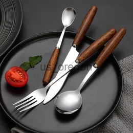 Dinnerware Sets Natural Wooden Handle Cutlery Stainless Steel Tableware Knife Fork Spoon Chopsticks Set Silver Dinnerware Set Dishwasher Safe x0703