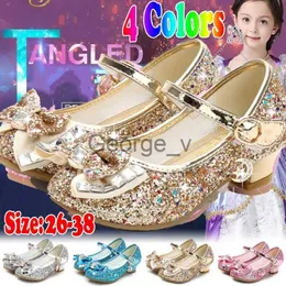 Sandals Princess Kids Leather Shoes for Girls Flower Casual Glitter Children High Heel Girls Shoes Butterfly Knot Blue Pink Silver J230703