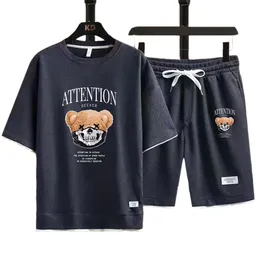 Summer New Mens Tracksuit Linen Fabric Teddy Skeleton Bear T-shirt and Shorts Two Piece Set Men Sports Suit Fashion Breathable Sets