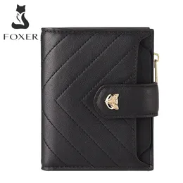 حاملي بطاقة Foxer Brand Women Holders قياسية محفظة أنيقة محفظة أموال تقسيم جلدي Hasp Short Wallet Girl Coin Pocket