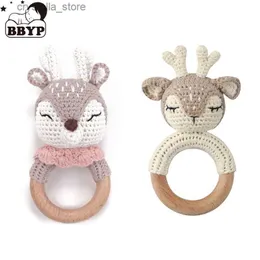 Handmade Baby Wooden Teether DIY Crochet Deer ELK Rattle Newborn Rodent Teething Ring Mobile Gym Educational Toys for Kids L230518