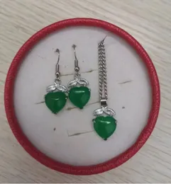 love heart green Malay jade 925 silver pendant necklace earrings set 2 piece jewelry set