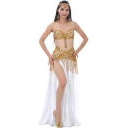 Performance 2018 Belly Dancing Clothing Oriental Dance Outfit Set Bh Belt Split kjol Kvinnor Belly Dance Costume 3PCS304J