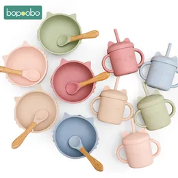 Tassen Geschirr Utensilien Bopoobo 3 Stück 1 Set Silikon Baby Futternapf Tasse Geschirr Wasserdicht Lernen Sauggabel Löffel Holz Rutschfest für 230703