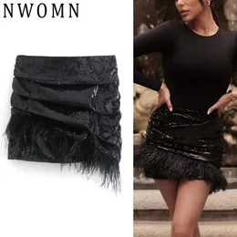 T-Shirt Nwomn Skirts Women Black Sequins Skirt High Waist Ruched Feather Shiny Short Skirts Woman Sexy New Year Party Mini Skirts