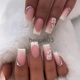 False Nails 24st Box Flower Fake Nails Press On Nails Kort fyrkantigt huvud Franska spetsar Nail Set Press On Nagel med 24st lim Sticker Nail Art x0703