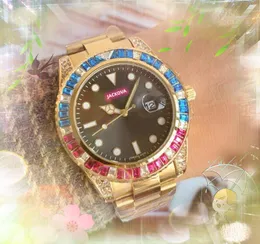 Trzy szpilki japonia mechanizm kwarcowy męskie zegarki 41mm automatyczna data shinning tęczowe diamenty zegar pierścieniowy solid fine pasek ze stali nierdzewnej popularny pełen wdzięku zegarek prezenty