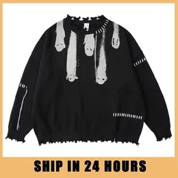 Camisetas Masculinas Hip Hop Suéteres de Malha Masculino Harajuku Vintage Hole Ghost Graphic Jumpers Streetwear Punk Casual Oversized O Neck Pullover Unisex 230701