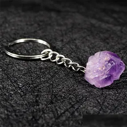 Schlüsselanhänger Naturstein Schlüsselanhänger Silber Farbe Heilung Amethyst Kristall Auto Dekor Schlüsselanhänger für Frauen Männer Drop Lieferung Schmuck Dh4Yz