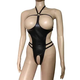 Sexy Set Sexy Women Faux Leather Open Cup Body Harness Teddies Crotchless Bikini Back Bodysuit Mistress Fetish CostumeHKD230703