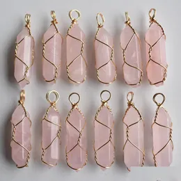 Charms Gold Wire Natural Stone Rose Quartz Amethyst Hexagonal Healing Reiki Point Pendants For Jewelry Making Drop Leverans Findings DHZU7