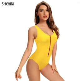 Women's Swimwear SHEKINI Zipper Front Low Back High Cut One Piece Swimsuit Bathing Suit No Padding Bra 2023 Beach Clothes