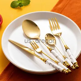 Geschirr Sets 5 stücke Edelstahl Besteck Set W Keramik Griff Messer Obst Gabel Kaffee Löffel Für Küche Abendessen Geschirr besteck Set x0703