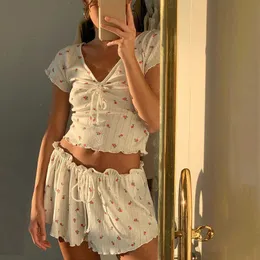 Kadın Uyku Salonu Yaz Kadınların Sıkışan Selvedge Çiçek Pijama Setleri.THIN Lady Girl's Çiçekler Pijama Nightgown Pijamalar Takım.