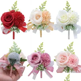 Dekorative Blumen Kränze Blumen Handgelenk Cor Boutonniere Handgemachtes Armband Rot Rosa Künstliche Pfingstrose Rose Cors Hochzeit Brautjungfer Dhqbz