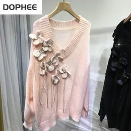 Suéteres femininos com flores 3D, diamante, decote em V, macio, manga comprida, vento preguiçoso, pulôveres soltos, todos os jogos outono inverno mulheres malha jumpers