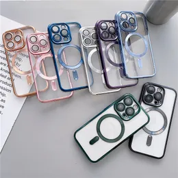 För iPhone 15 Pro Max Case Magnetic Clear Case 13 14 Mini Luxury Plating Bling Transparent stötsäker Magsafe -fodral med fullt kameralinsskydd