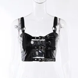 Camis Schwarz PU Leder Spaghetti Riemen Vorne Gürtel Schnallen Aushöhlen Y2K Gothic Crop Top Sexy Leibchen Frauen Rock Punk straße Clubwear