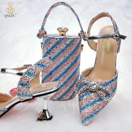 Sandals QSGFC Latest Colorful Glitter and Diamond Butterfly Design Accessories Womens Shoes Bags Set Pink Color 230630