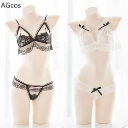 Conjunto sexy AGCOS Diseño original Conjunto de lencería encantadora Traje de cosplay Mujer Encaje Bikini Sujetador Sexy CosplayHKD230703