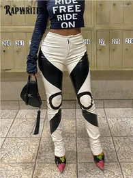 Spodnie damskie Rapwriter kontrastowy nadruk graficzny Y2k PU dla kobiet moda moda uliczna z wysokim stanem Zip UP Slim 2023 jesienne spodnie