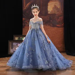 Mavi balo elbisesi inciler çiçek kız elbise düğün için aplike pageant elbiseleri bebek uzun tren tül boncuk kristal ilk prenses cemaat doğum günü elbisesi