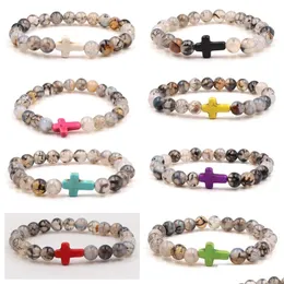 Pärlstav bk cross charms 8mm svart drake mönster stensträng pärla yoga buddha armband för kvinnor män smycken droppleverans armband dh9zx