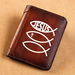 Högkvalitativa äkta läder plånböcker för män Christian Cross Jesus Fish Utskrift Kort korthållare Handväska Billfold herrplånbok