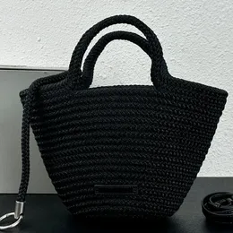 Nylon Rope Woven Handbag Large Capacity Tote Bag Vegetable Basket Shoulder Crossbody Bag Letter Metal Buckle Leather Shoulder Straps Removable Shoulder Strap