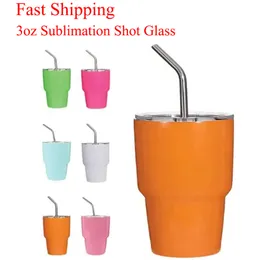 3oz DIY Sublimation Shot Glass Stainless Steel Double Insulated Wine Cup With Metal Straw Heat Transfer Blank Water Tumbler For Party